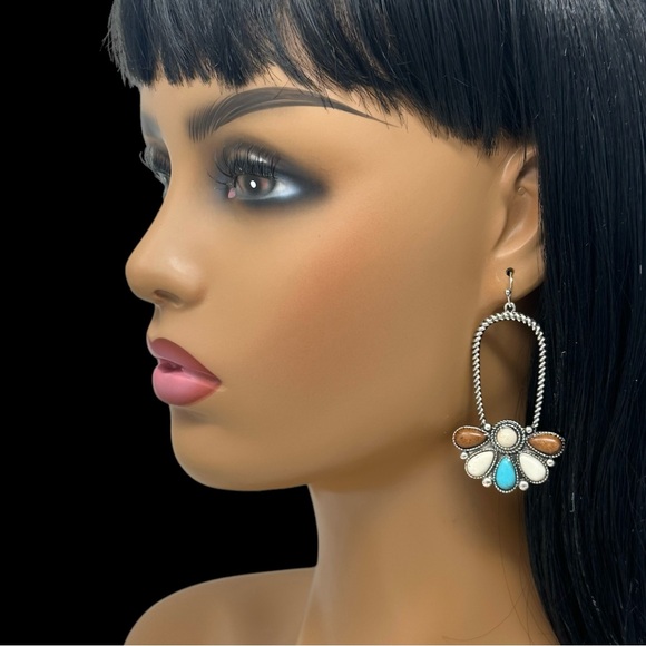 Turquoise Brown Ivory Stone Dangle Earrings NWT - Picture 5 of 5